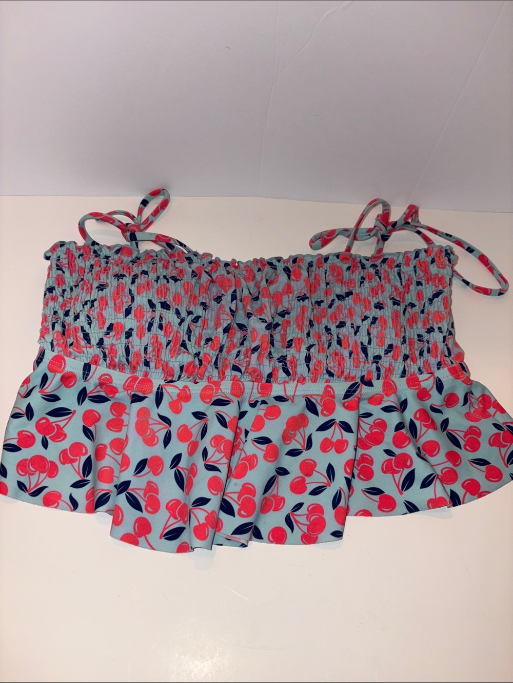 Smocked Cherry-Print Bikini Top in Light Blue & Coral